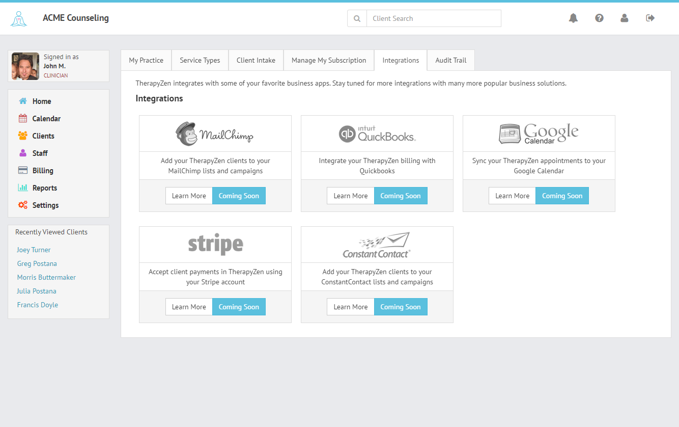 TherapyZen 3rd party integrations road map