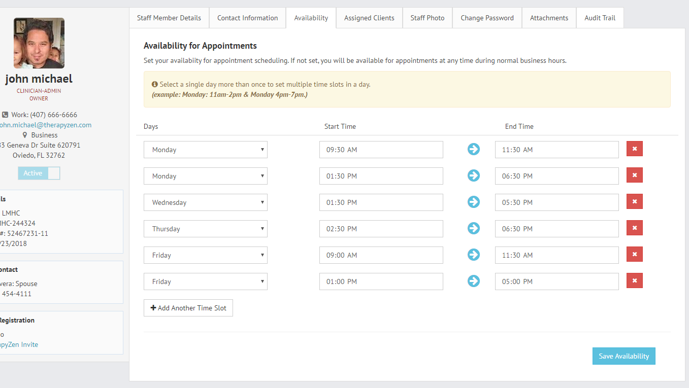 Setting clinician availability for appointments in the TherapyZen client portal