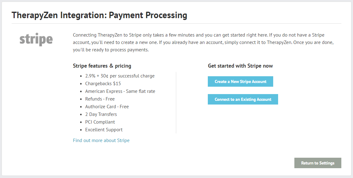 TherapyZen integration with Stripe for secure credit card processing