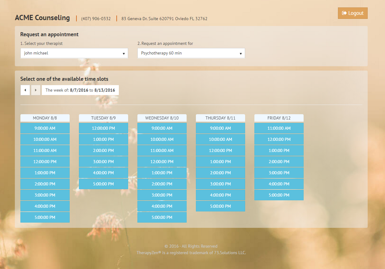 Available appointment slots in the client portal